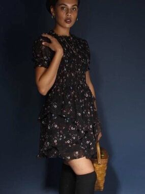 Olivaceous Black Floral Smocked Mini Dress | Size Small | Romantic Ruffle Detail